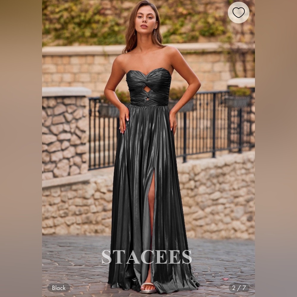 Black metallic strapless formal dress